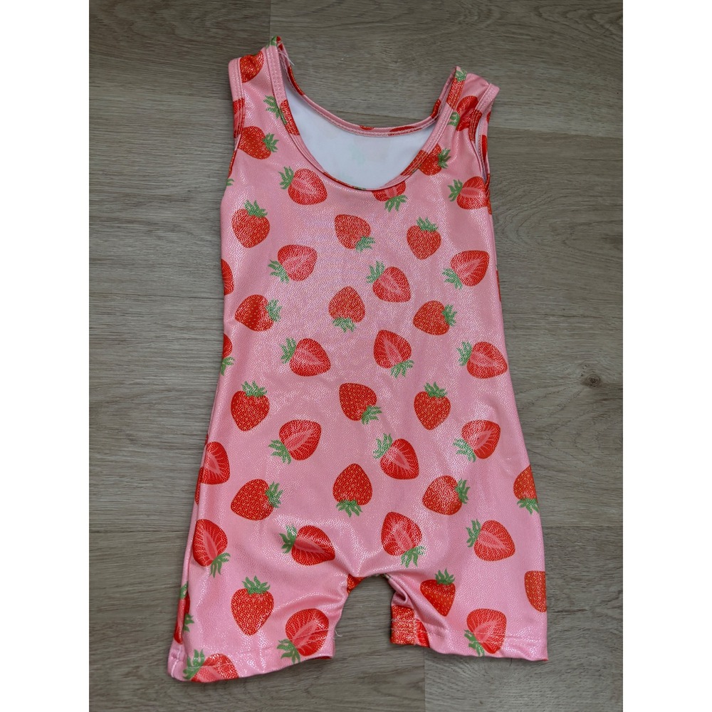 Pink Strawberry Sparkle Gymnastics Biketard Sleeveless Leotard Kids Size XS - Picture 5 of 5